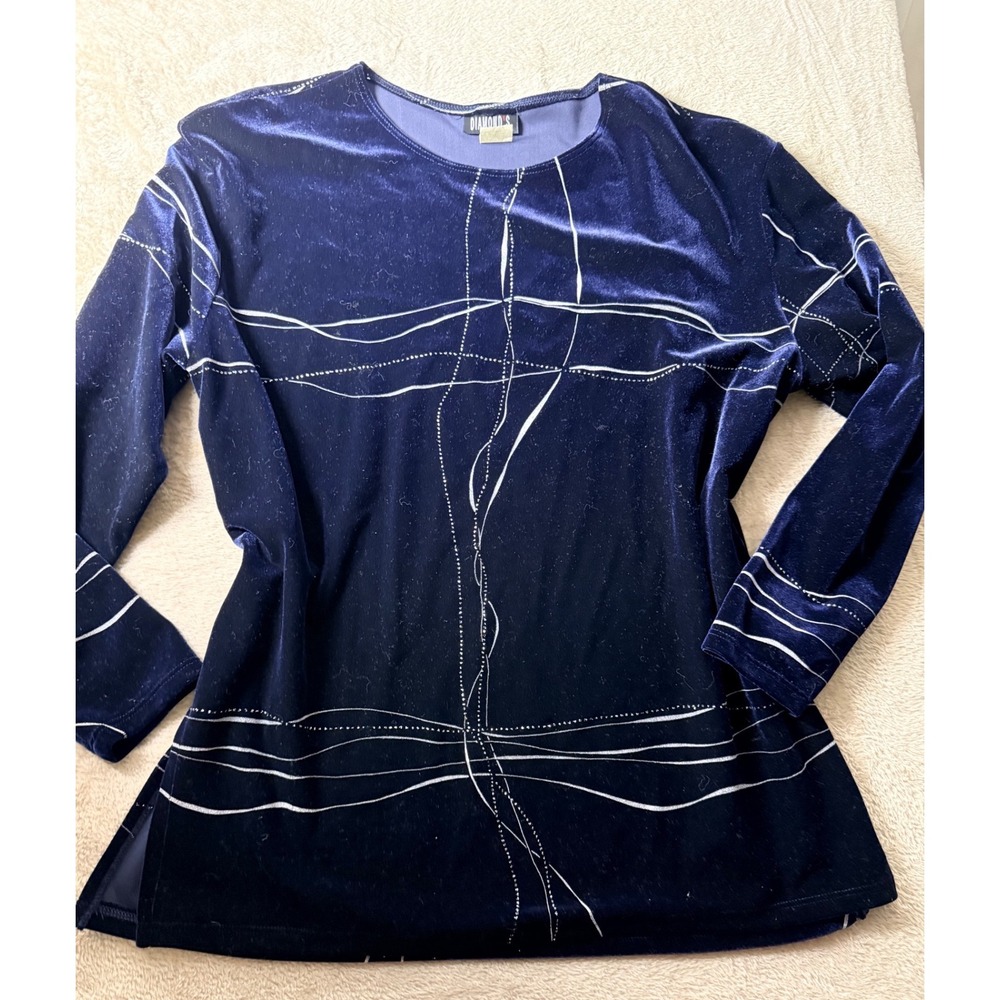 Diamond's Navy Blue Velvet Silver Glitter Tunic Top M/L VTG Witchy Whimisgoth